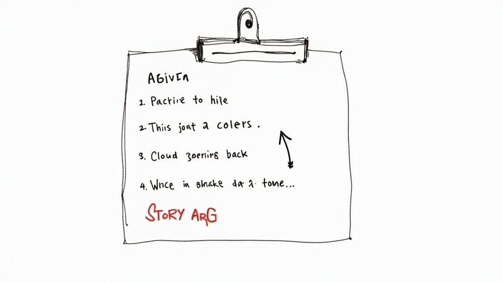 Hand-drawn clipboard showing story argument brainstorming list with four numbered creative writing ideas