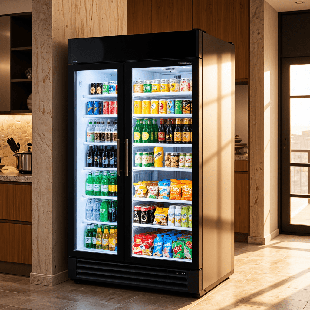 product photography of a display refrigerator for beverages and snacks