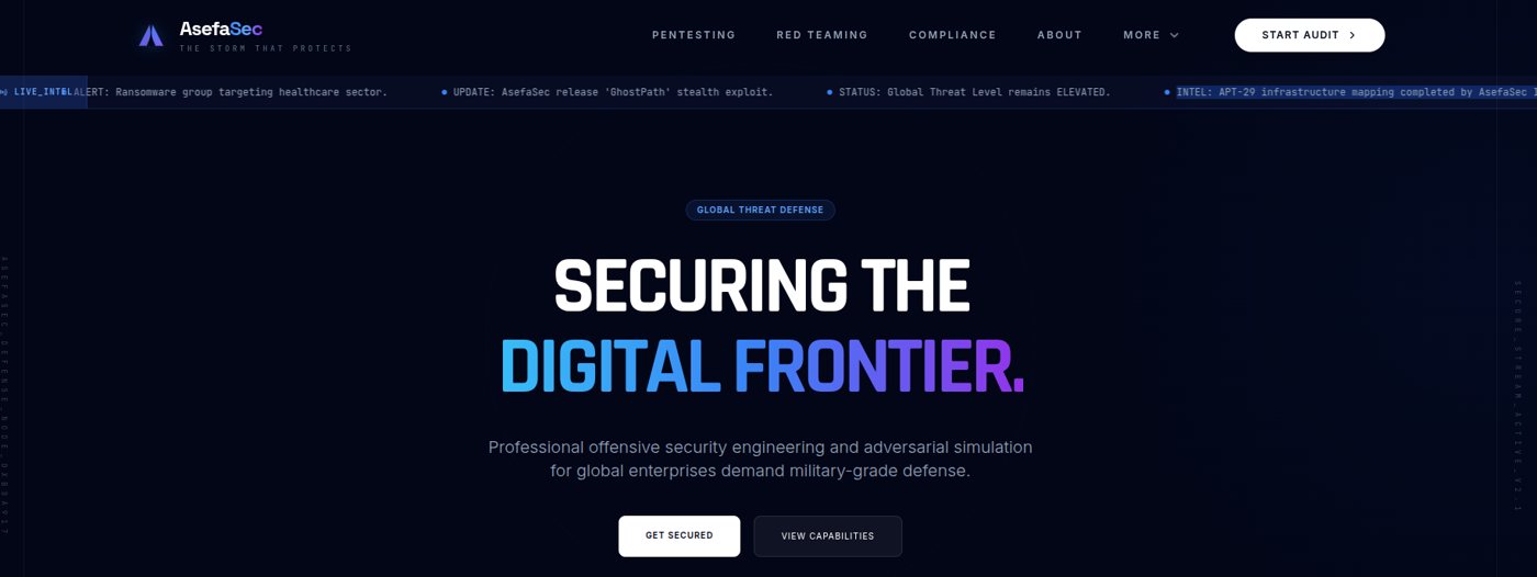 AsefaSec website — “Securing the Digital Frontier”.