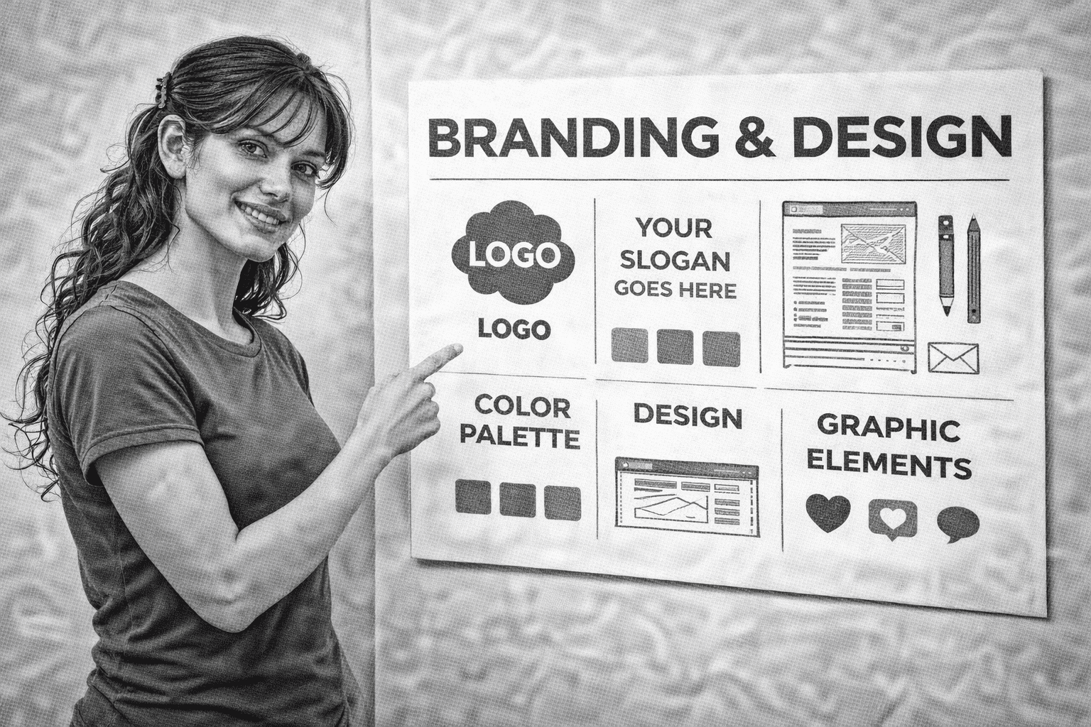 a woman showing off a flowchart saying "branding & design". black and white image.