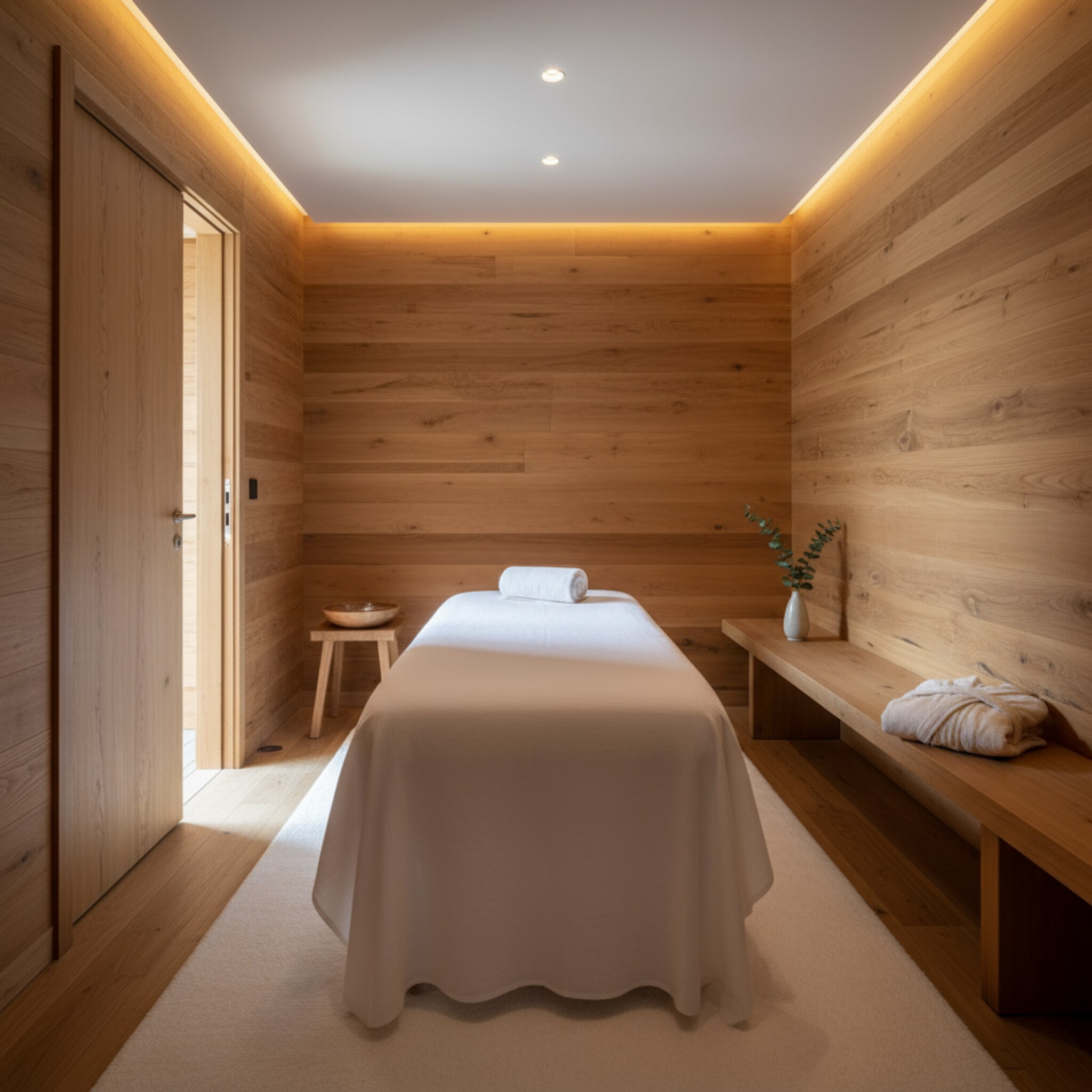 Ein ruhiger Private-Spa-Raum mit warmem Holz, gedimmtem Licht und einer vorbereiteten Massagebank. Eine Schale mit Wasser und ein sauber gerolltes Handtuch stehen bereit. Durch eine halbgeöffnete Tür fällt sanftes Tageslicht. Die Atmosphäre ist klar, aufgeräumt und angenehm still.