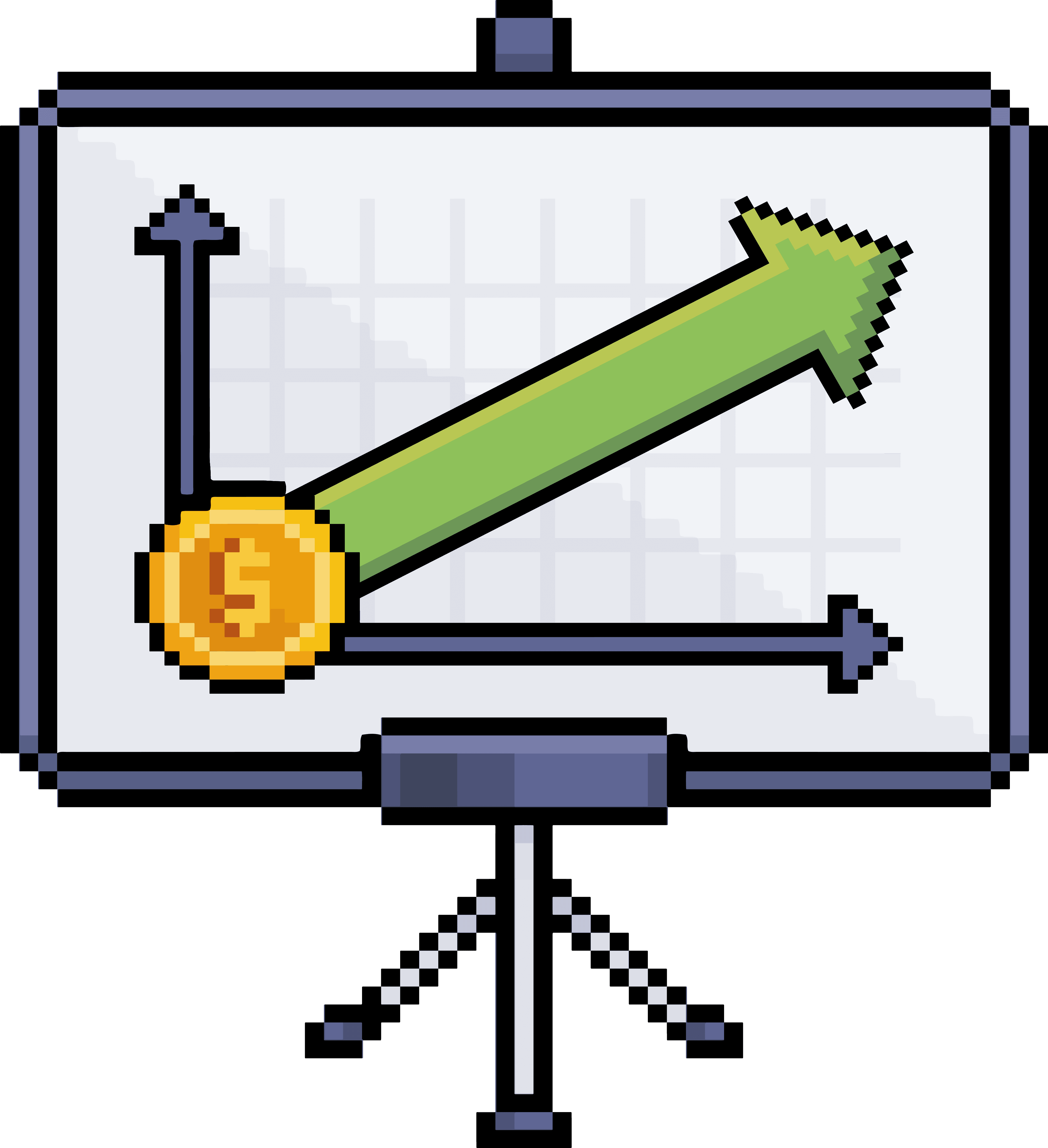 Pixel presentation board showing an upward-trending revenue graph.