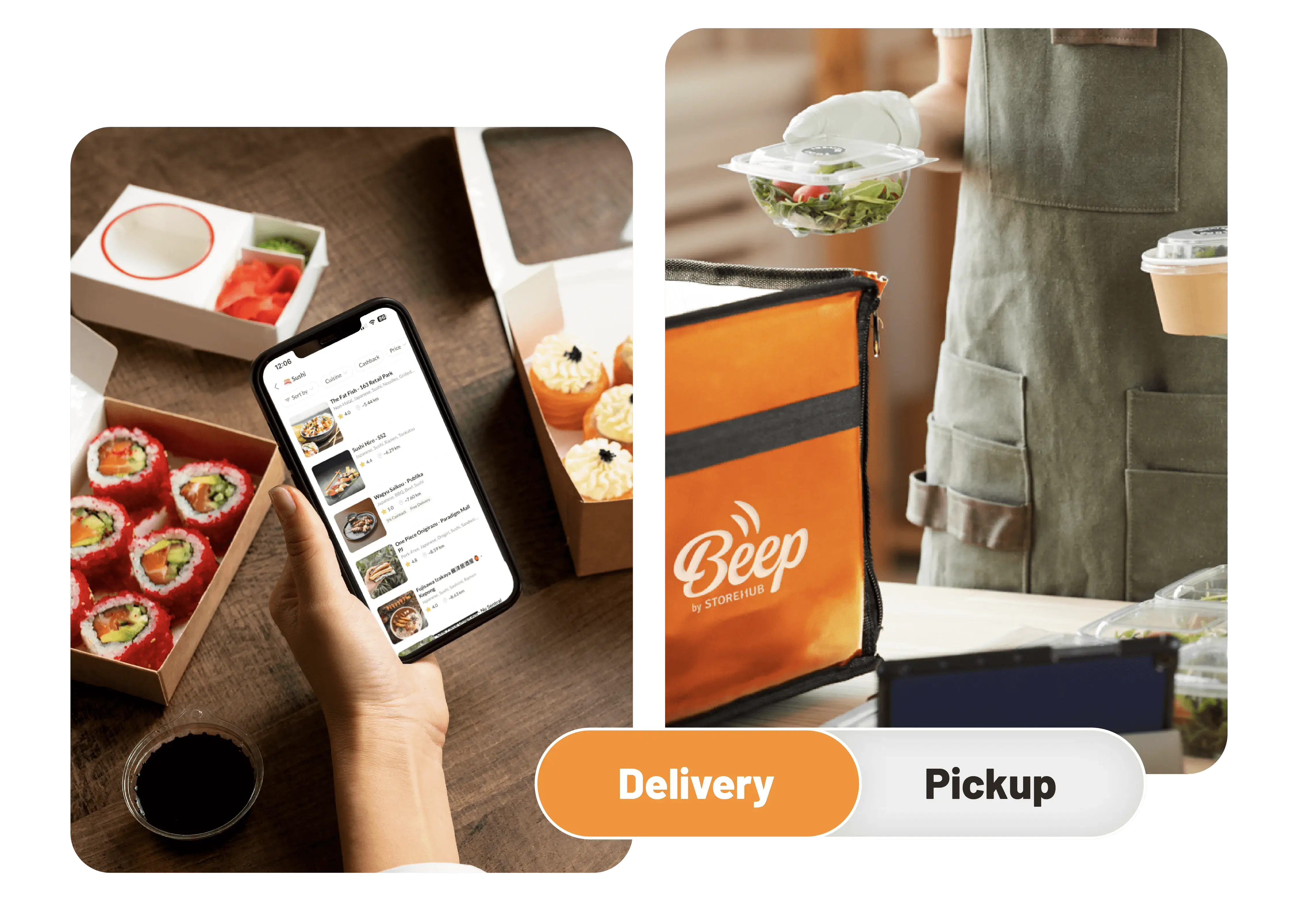 Customer ordering food on a smartphone via Beep by StoreHub, with delivery and self-pickup options for F&B businesses.