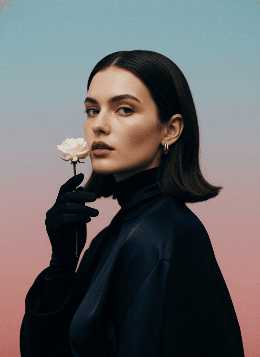 A woman posing with rose in her hand