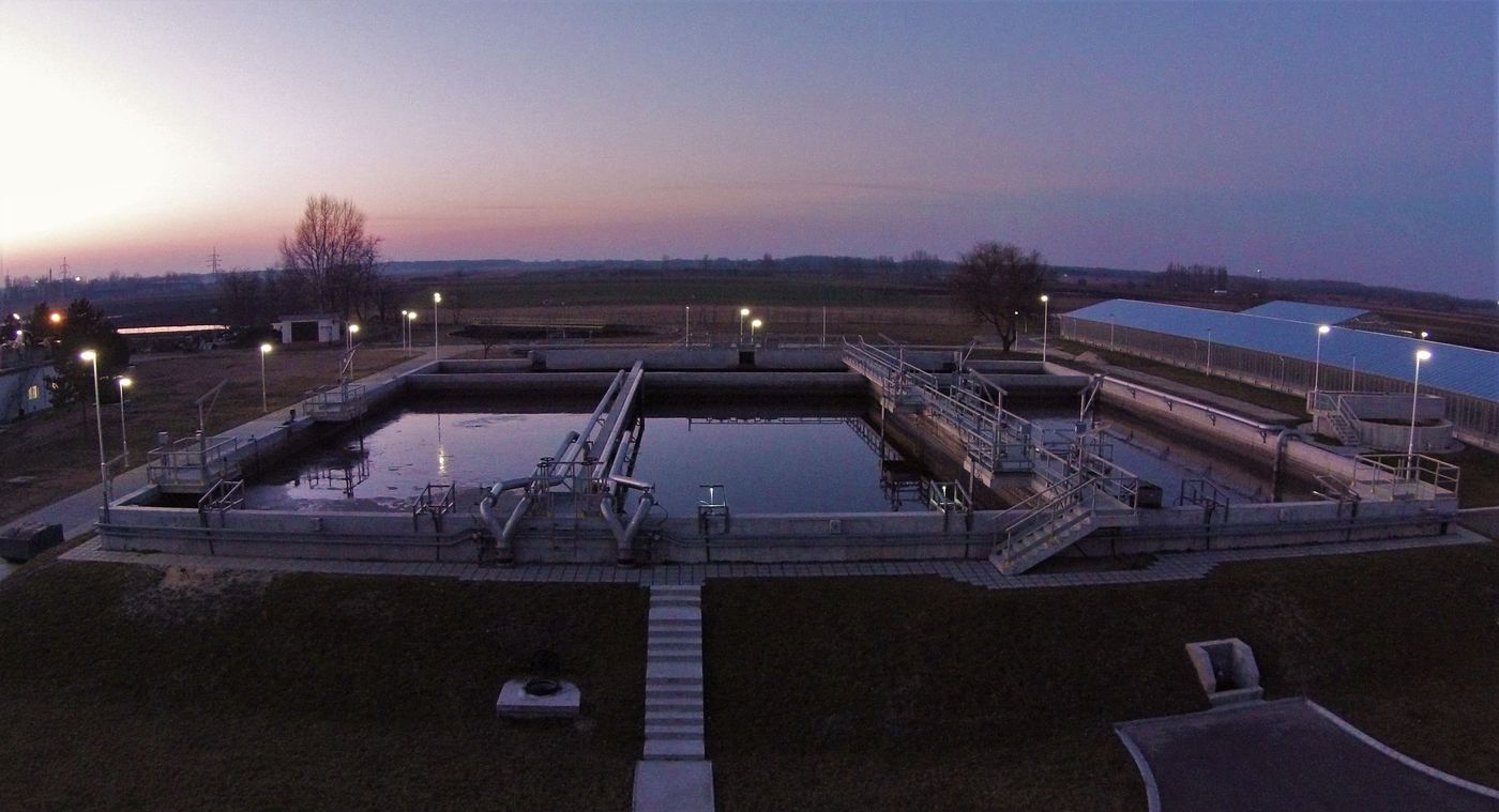 CYCLATOR SBR basins at dusk at the Kiskunhalas wastewater treatment plant, Hungary
