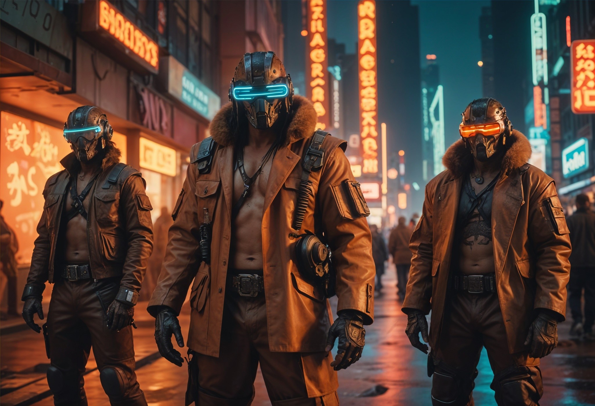 A group of three savage looking gang members dressed in futuristic, armored outfits with masks and glowing red visors stands in an urban night scene. They wear brown leather jackets and pants, with neon signs in various colors illuminating the background.