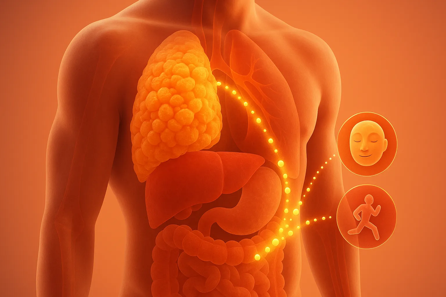 Adiponectin - Semi-transparent torso with glowing fat tissue releasing adiponectin toward the liver and muscles