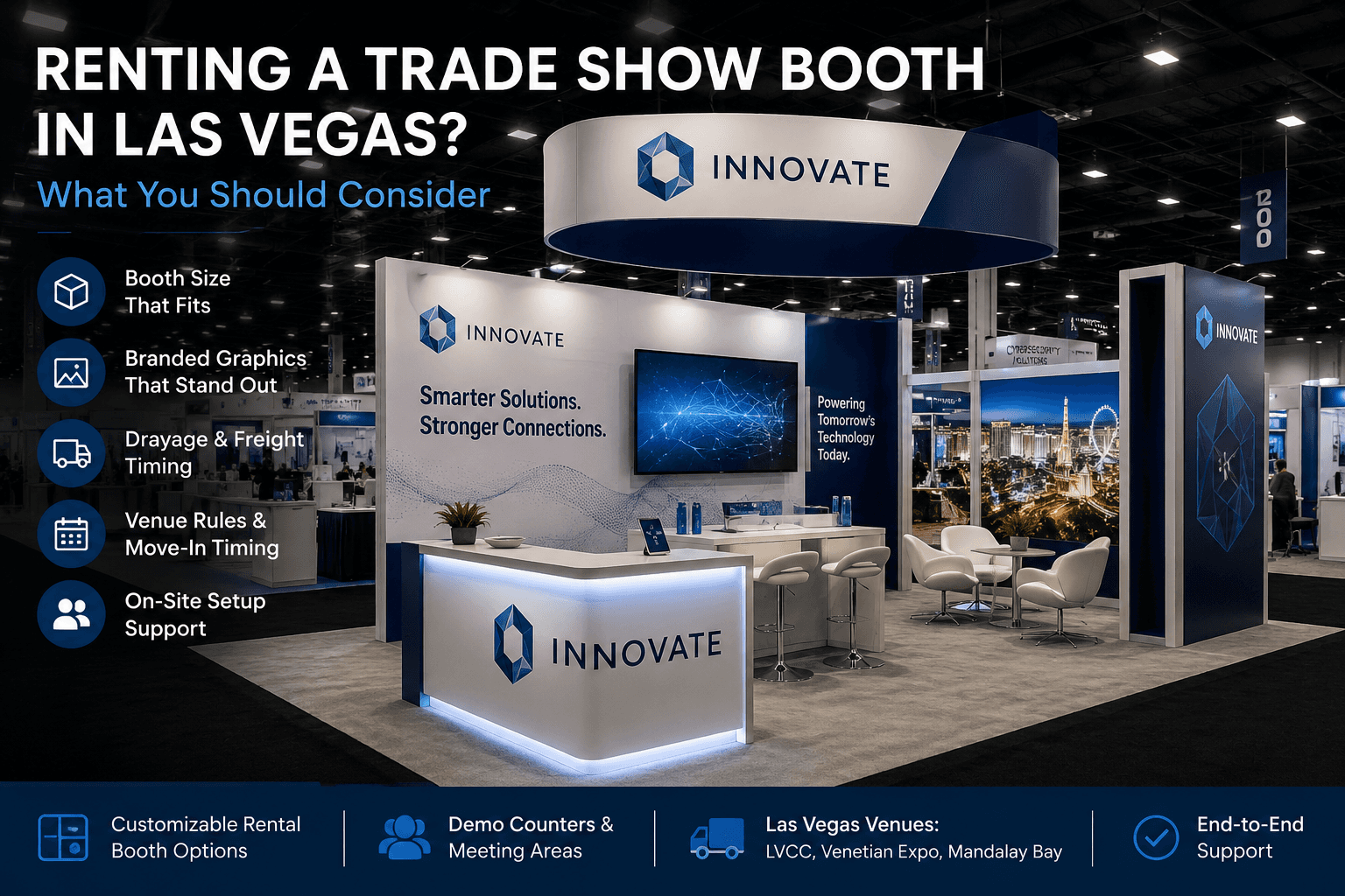Customizable trade show booth rental in Las Vegas with branded graphics, demo counter, meeting area, and show-floor setup support.
