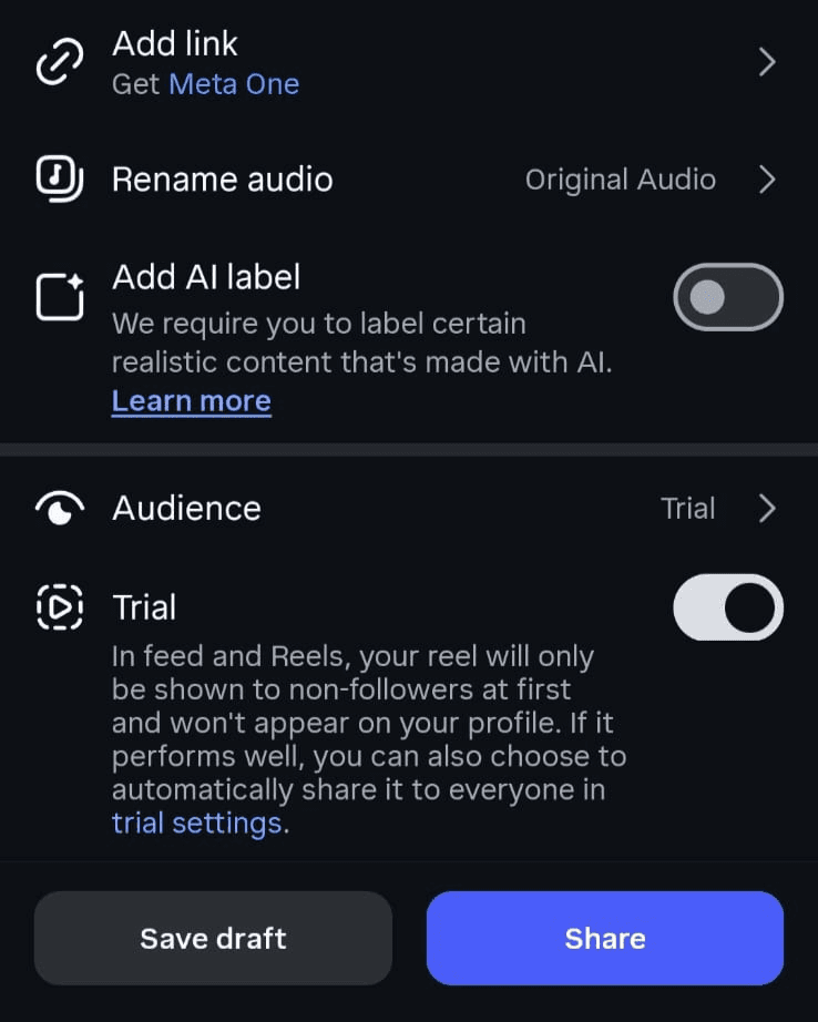 screenshot of the "Trial" button location in Instagram