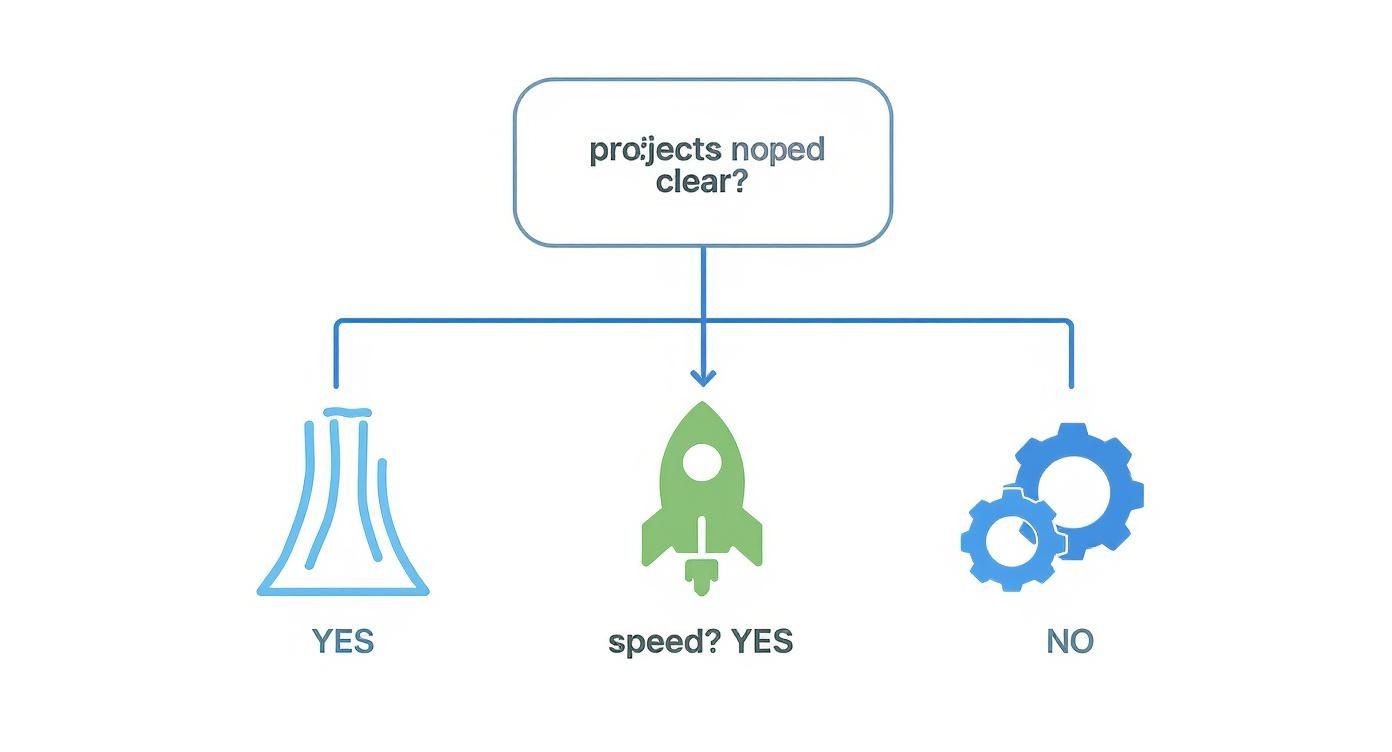 Decision flowchart showing three project development paths: experimentation, rapid launch, and systematic engineering approach