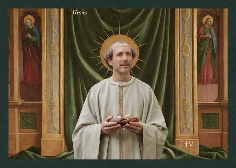 Sacred artwork by Faith and Verse. © Faith and Verse, 2026. All rights reserved. Catholic Saint Ursus of Aosta holy card—6th-century priest and confessor known for his charity to the poor and protection of the valley—5×7 traditional saint portrait by Faith and Verse.