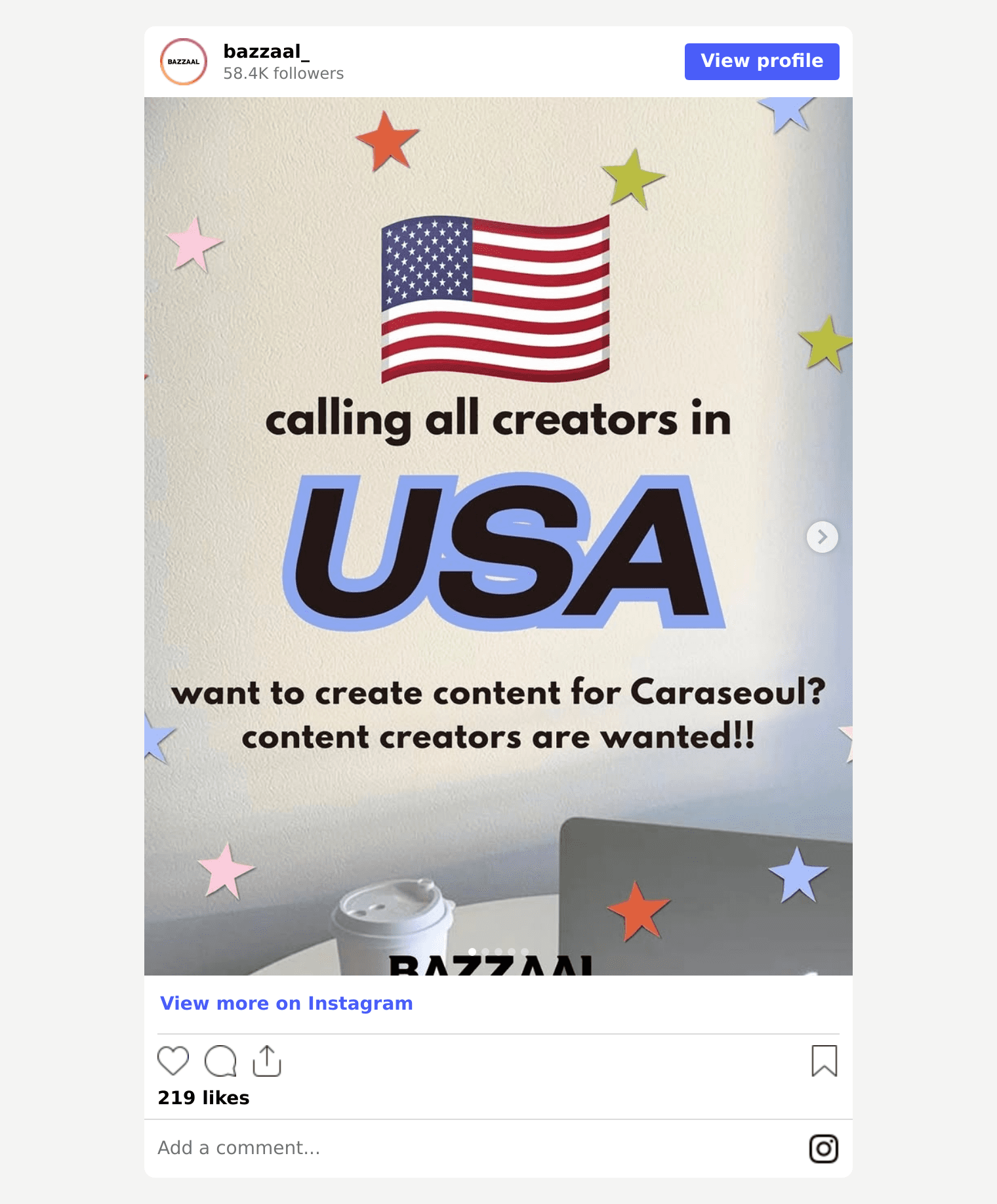 Instagram post by @bazzaal_ with a US creator casting call