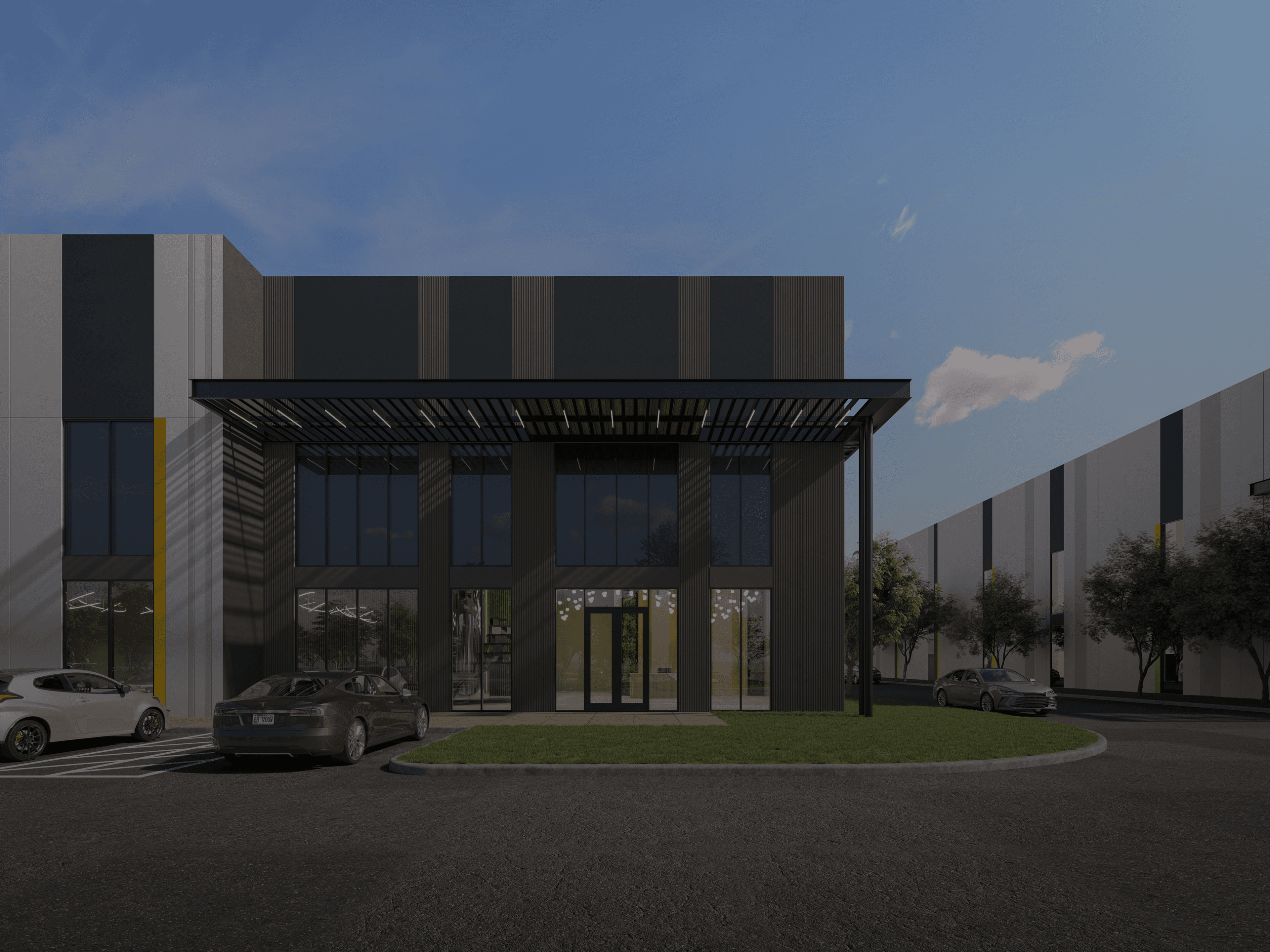 Rendering of a two-storey industrial office entrance with a slatted steel canopy