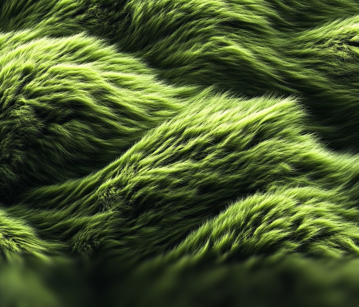 Close-up texture of wavy green fur or grass catching soft light