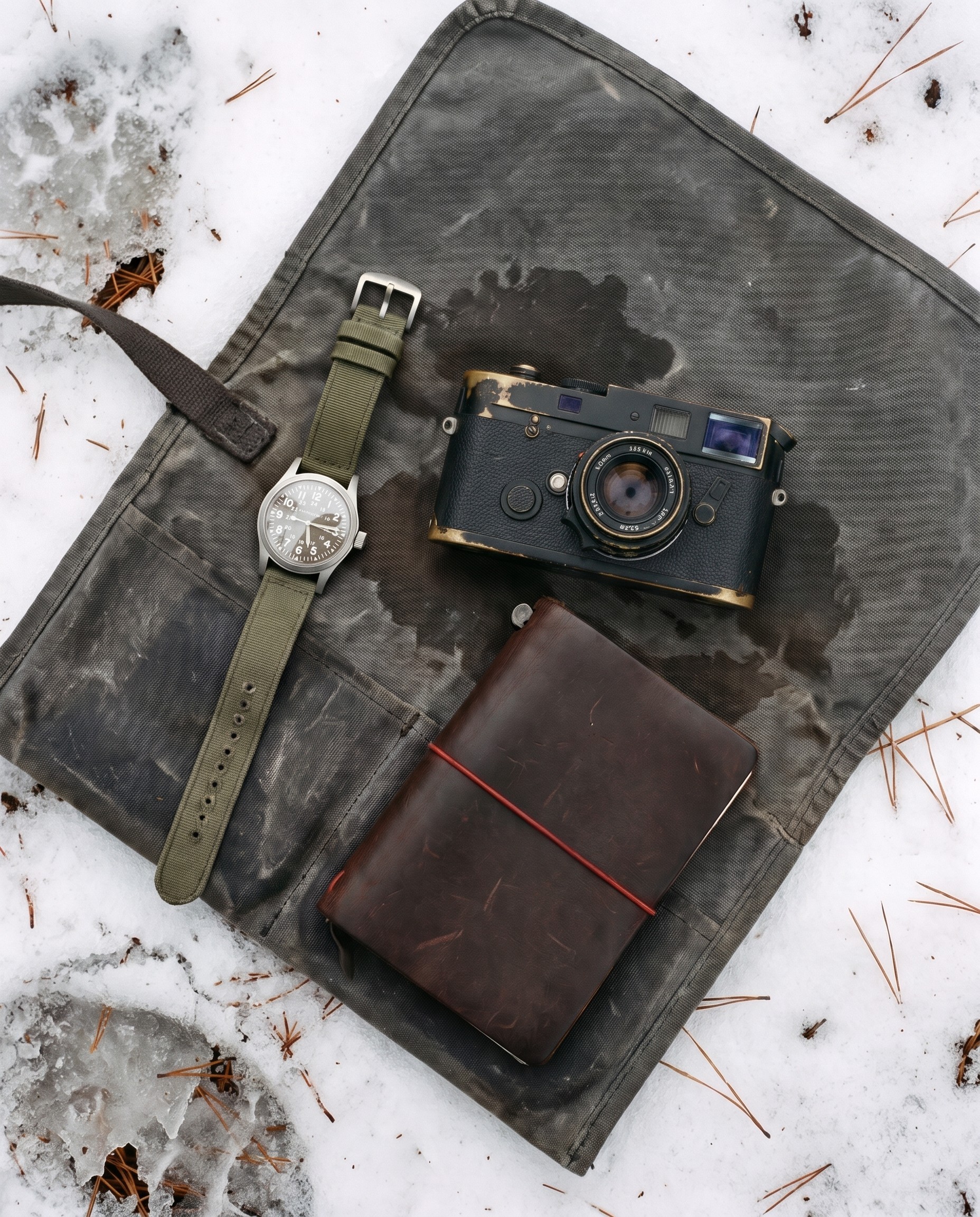 The three things laid out on a wet canvas pouch in the snow: watch, camera, notebook.