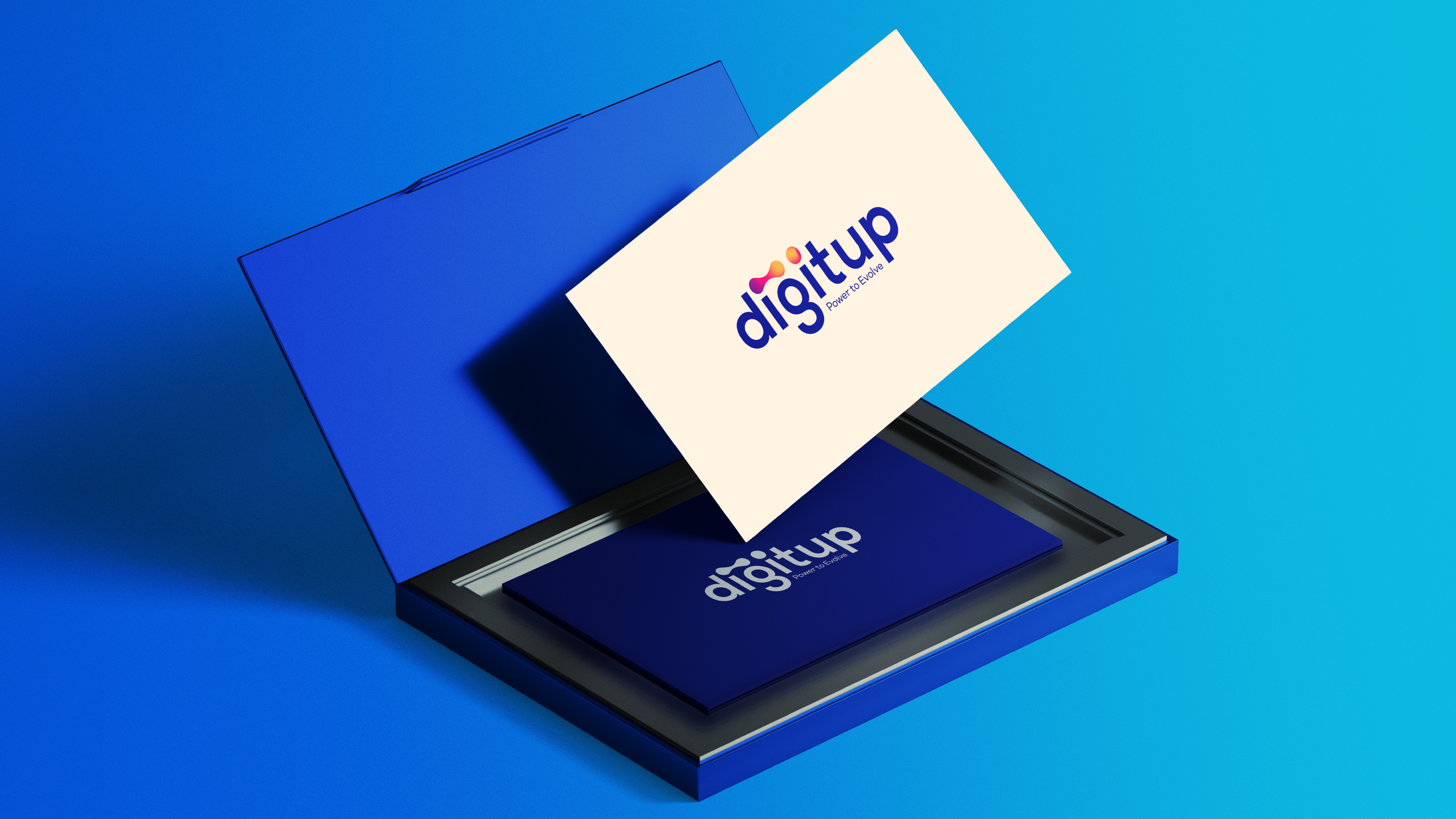 Business cards in white and blue with Digitup logos