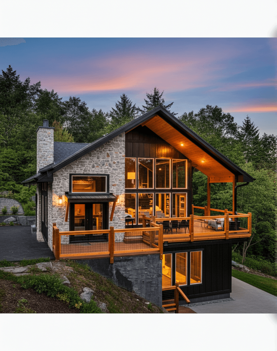 Contemporary villa with large glass windows at sunset, Glassline Living