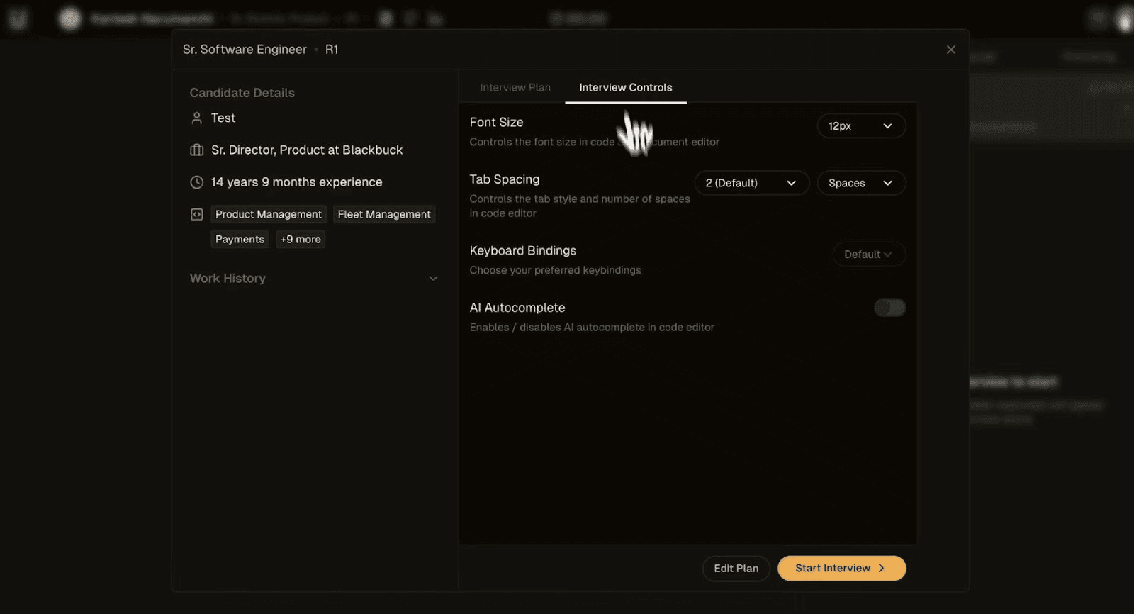 Interview controls and code editor settings