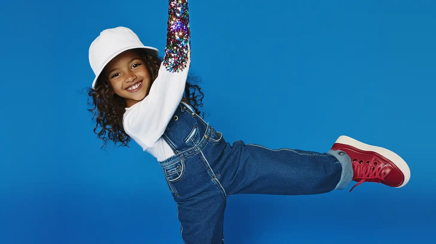 Smiling child in denim overalls and a white cap, playfully swinging against a blue background, symbolizing joy and trust in family care.