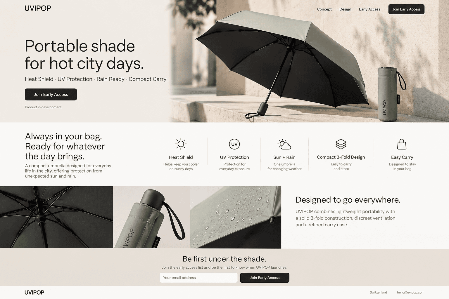 UVIPOP concept umbrella with muted sage exterior, black inner canopy and matching carry sleeve