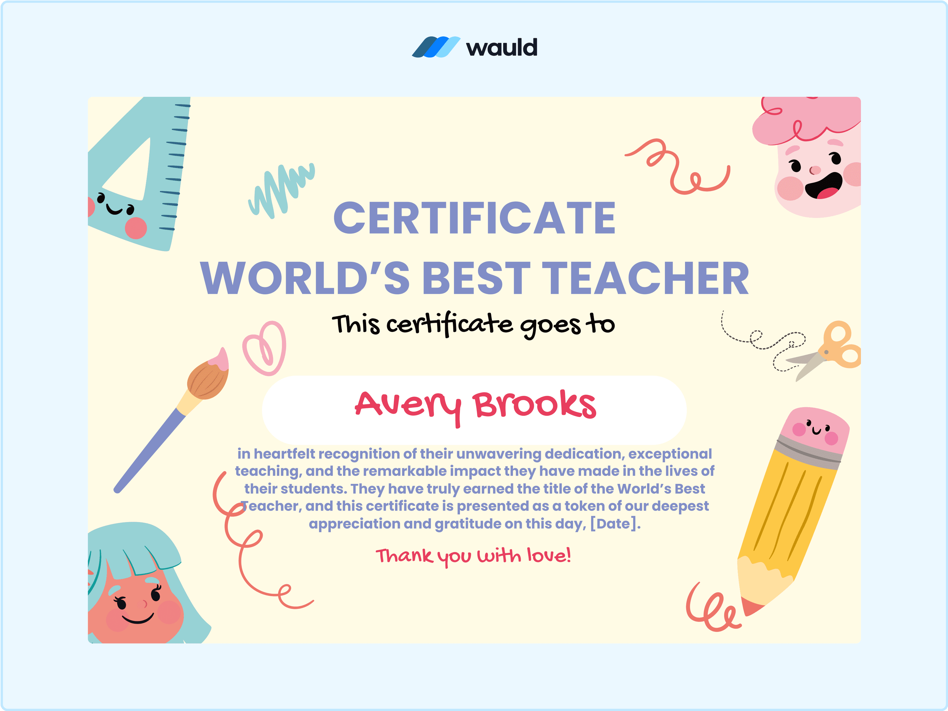 Wauld - School certificate template honoring teachers 