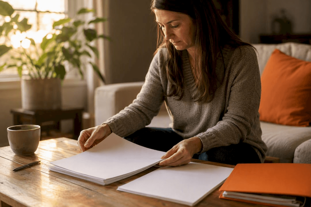 Caregiver organizing IEP planning materials and paperwork at a table