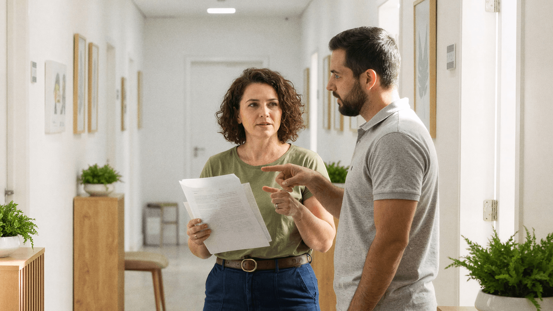 Duas pessoas conversam em um corredor interno de clínicas, analisando documentos impressos; uma mulher segura folhas de papel enquanto um homem aponta para o conteúdo, em um ambiente claro e organizado, representando rotinas administrativas e comunicação profissional em clínicas com apoio da Tivita.