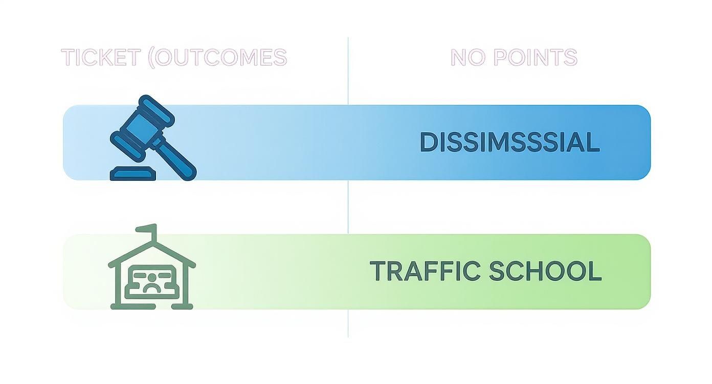 An infographic showing potential positive outcomes of hiring a lawyer for a speeding ticket, including dismissal, no points, and traffic school eligibility.