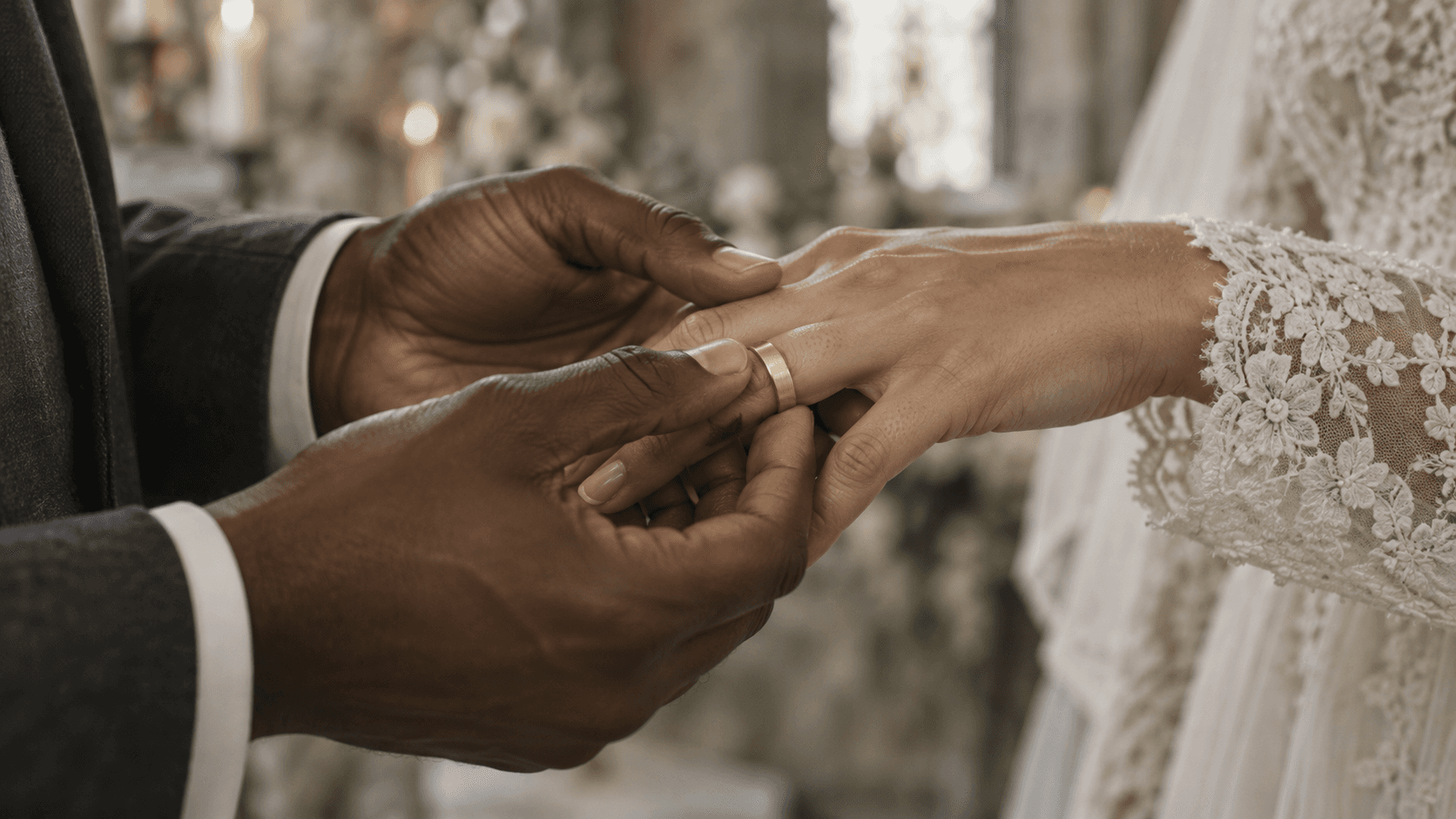 A gold wedding ring placed tenderly on the bride’s hand.