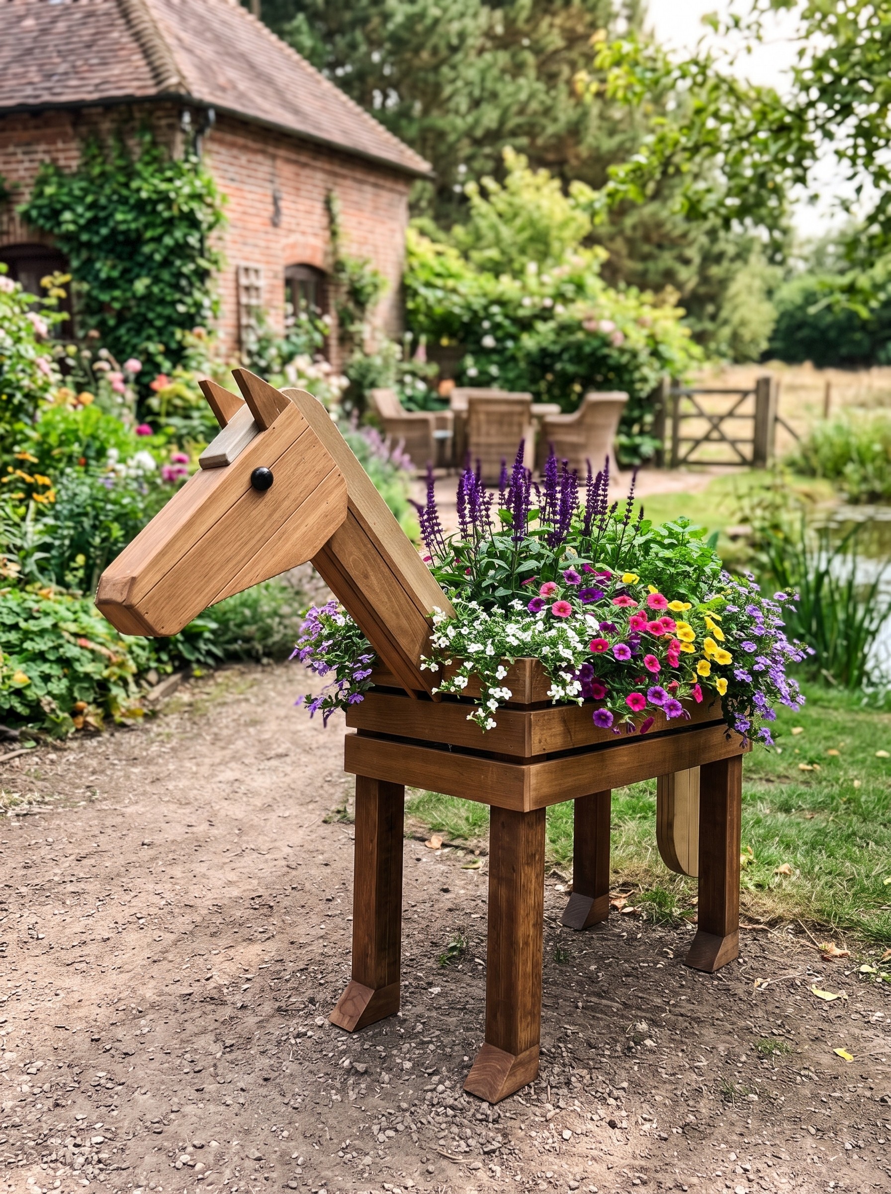Rosie vol paarse, roze en witte bloemen in een cottagetuin