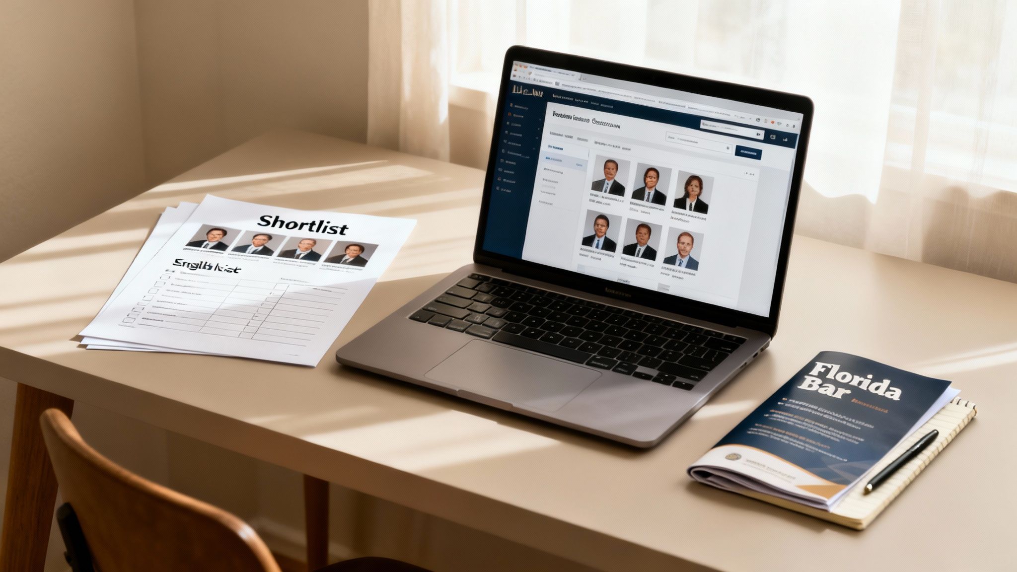 A desk with a laptop displaying a candidate shortlist, a printed document, and a Florida Bar magazine.