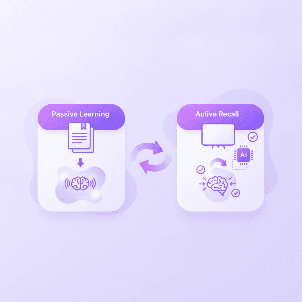 A minimalist infographic showing a side-by-side comparison of a student passively reading a textbook versus a student actively writing on a whiteboard from memory