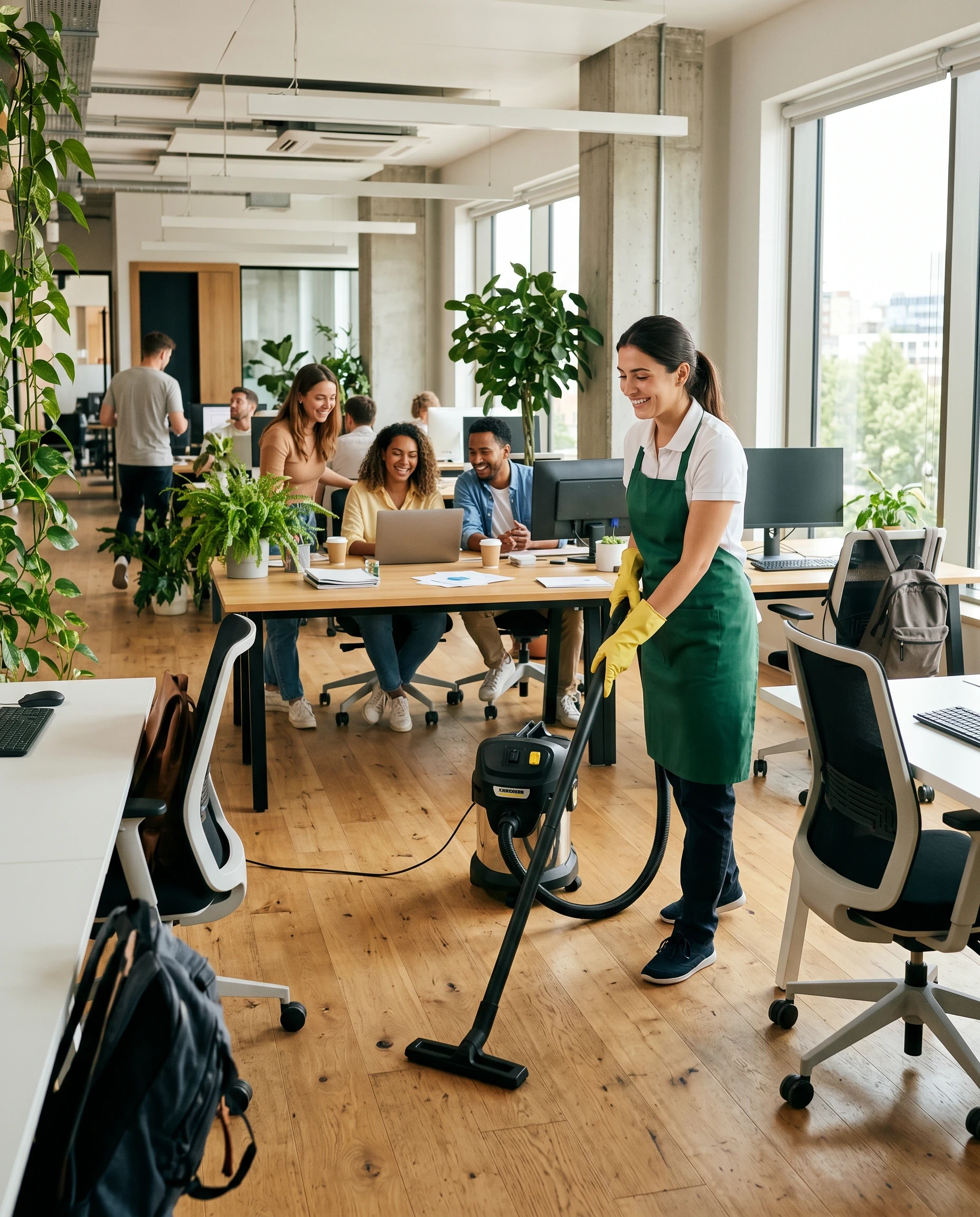 A woman vacuums an office while colleagues work at desks.