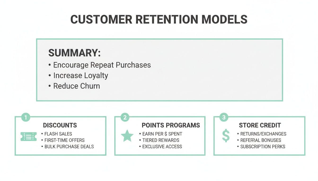 A diagram outlining customer retention models, including discounts, points programs, and store credit strategies.