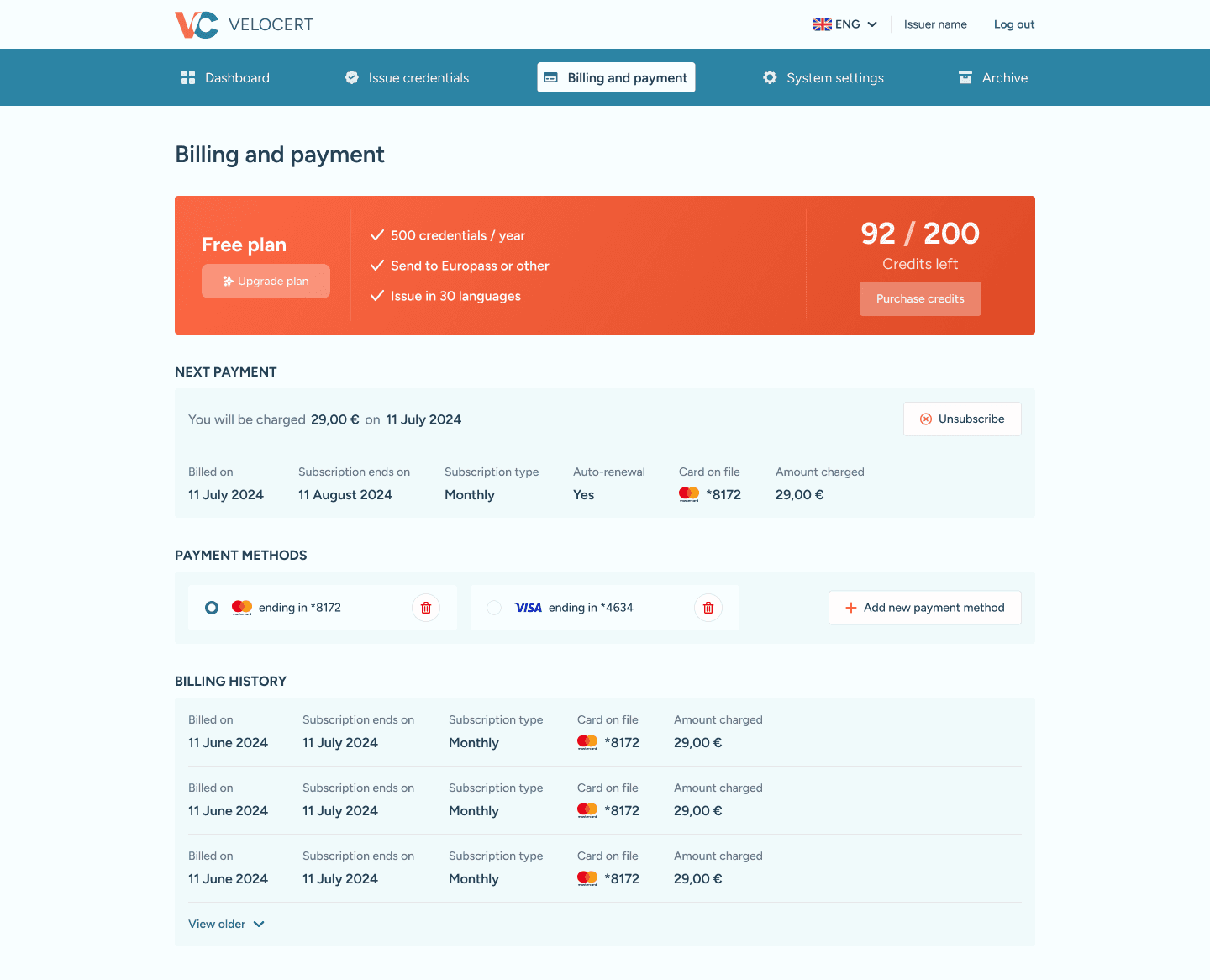 Velocert billing and payment