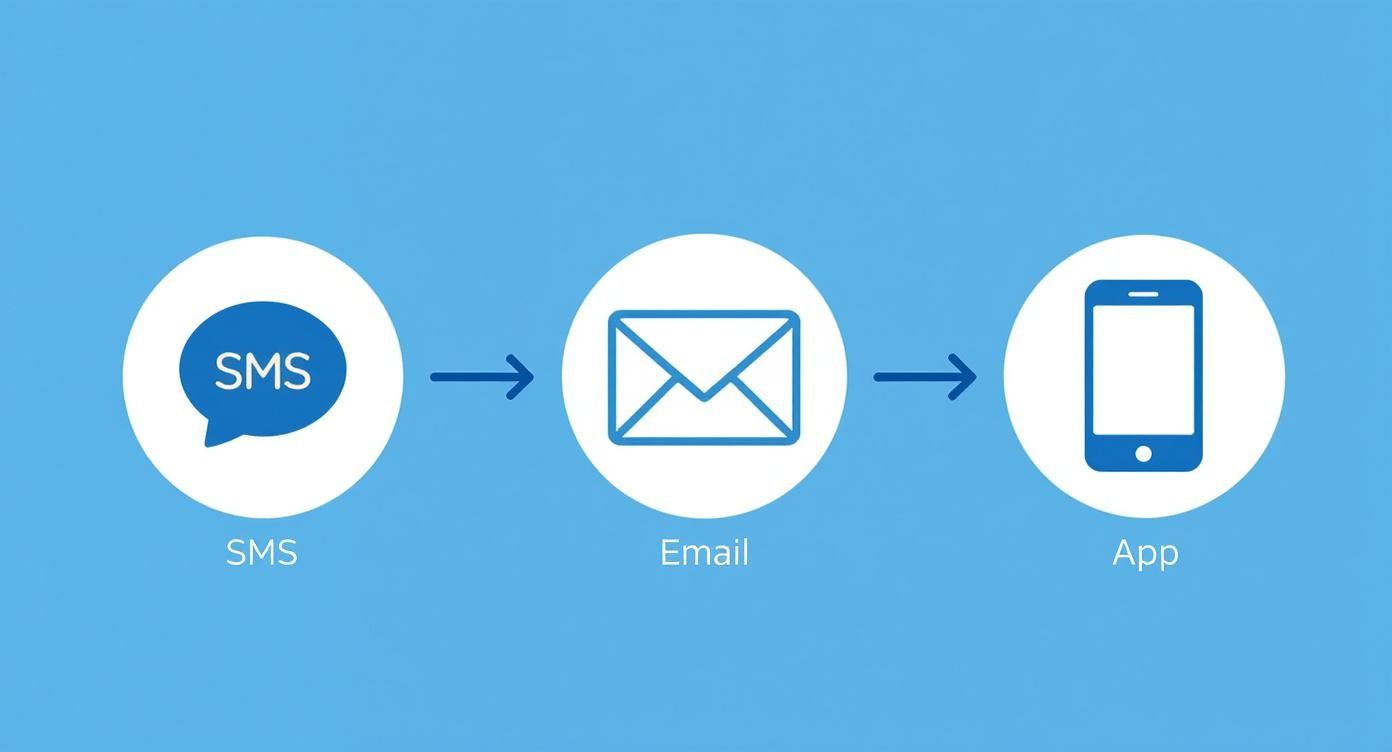 Diagram illustrating a communication flow from SMS to email and then to a mobile app.