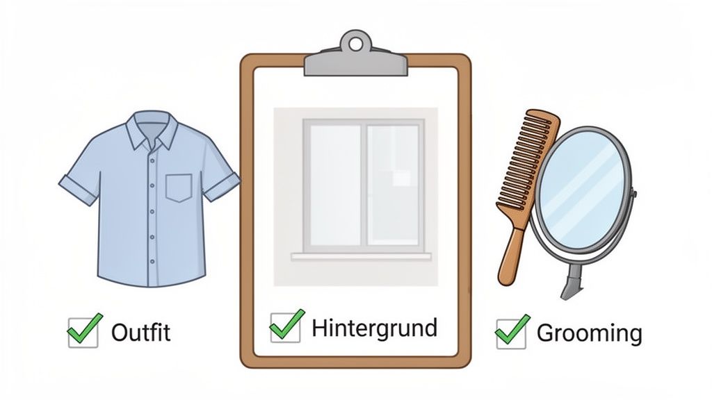 Checkliste für Videokonferenzen oder Profilbilder mit Outfit, Hintergrund und Pflege.