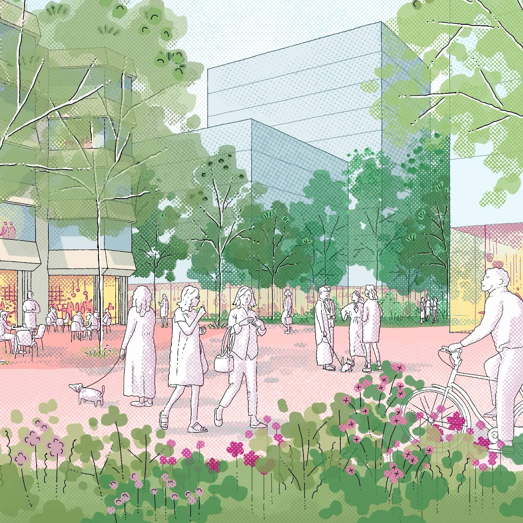 A colorful aerial view of a park layout featuring various geometric flower beds and walking paths near water.