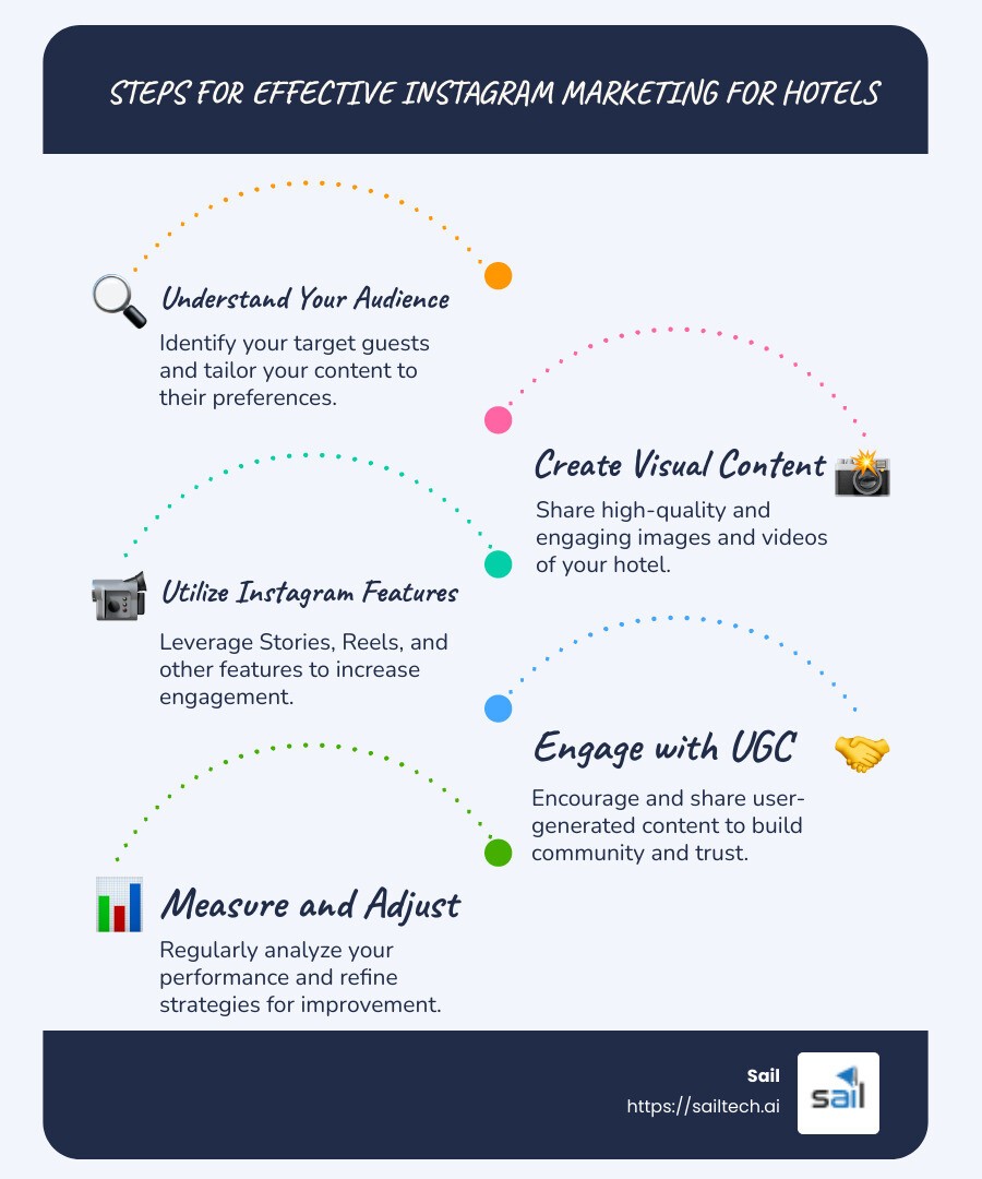 Infographic explaining steps of Instagram marketing for hotels - tutorial instagram marketing hotel infographic infographic-line-5-steps-blues-accent_colors