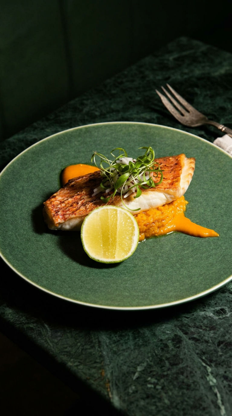 Seared duck with soft-boiled eggs in orange sauce
