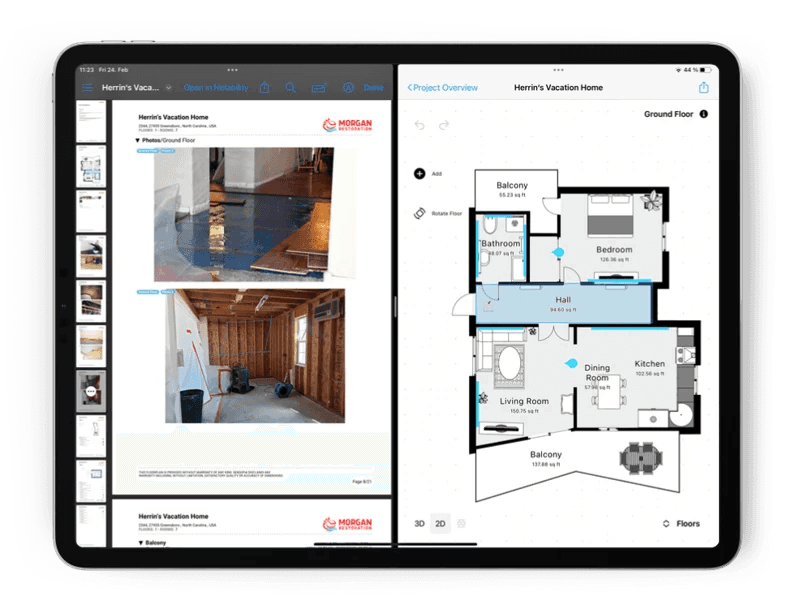 magic plan displaying inspection photos alongside a detailed floor plan for water damage claims