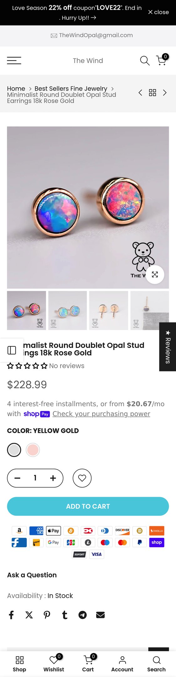 Jewelry product options include: ring, pendant, earring for Australian Doublet Round Stud Earrings 18k Rose Gold | The Wind Opal from The Wind.