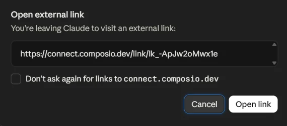 Claude dialog to open the Composio connection link