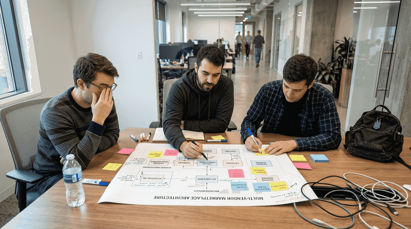 Software team examining architecture diagram together