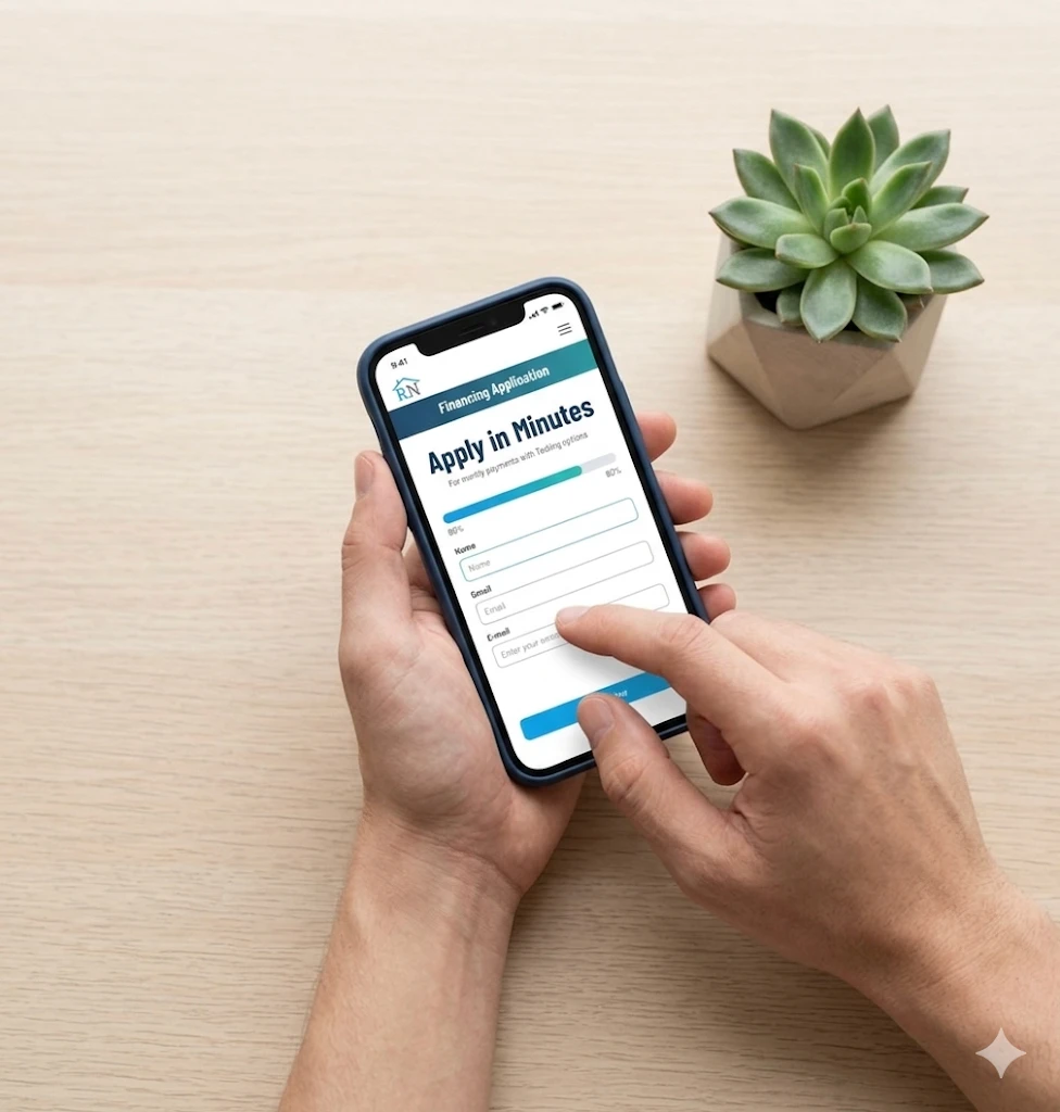 3 Hands on a phone or laptop filling out a short form. Clean desk, minimal. Could show a progress bar or Approved screen on the device by Roofing Network