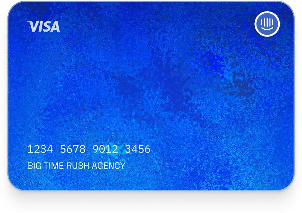 Blue Visa credit card with sample card number and cardholder name, featuring contactless payment icon.