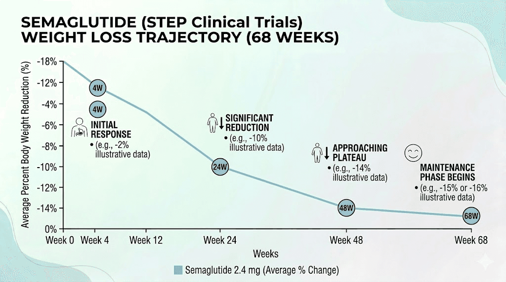 Semaglutide clinical trial weight loss results over 68 weeks from STEP studies
