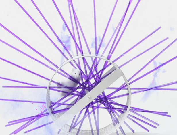 A white panda is positioned inside a clear plastic fan with numerous purple spokes radiating outward. The fan’s central hub is white, and a horizontal white bar crosses its center. The background is white with faint purple cloud-like patterns.