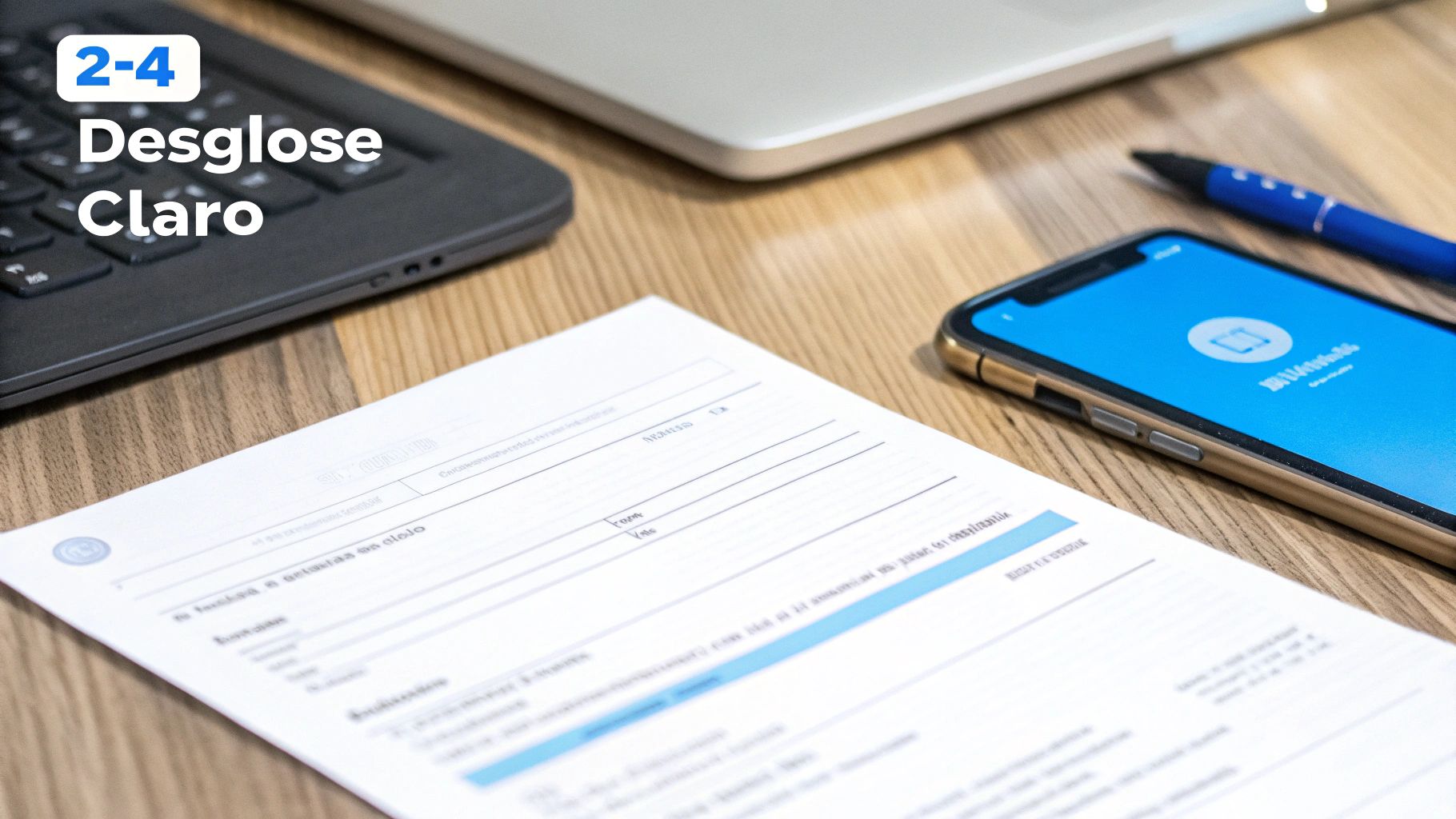 Un escritorio con un portátil, un formulario de solicitud de pago, un smartphone con una aplicación móvil y un bolígrafo.