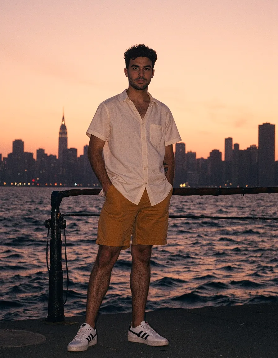 Person in white shirt and tan shorts standing by water with NYC skyline silhouette at sunset, creating a peaceful urban scene